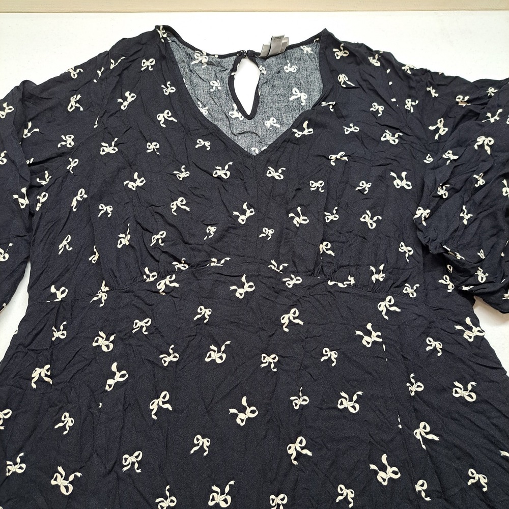 Ava & Viv Womens Dress 2X Black White Bow Print Puff Sleeve V-Neck 1999-320
